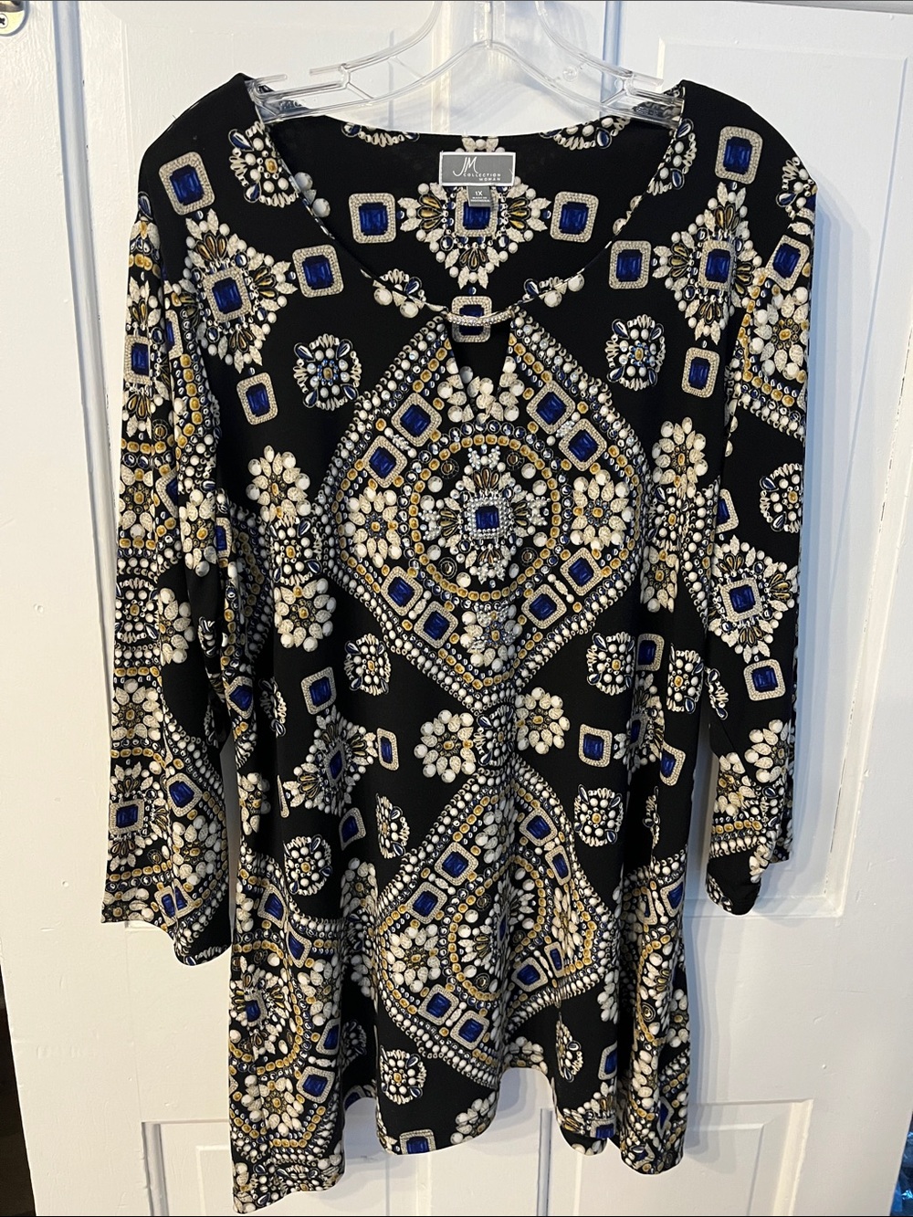 JM Collection 1X Tunic Top black blue gold rhinestone bead embellished